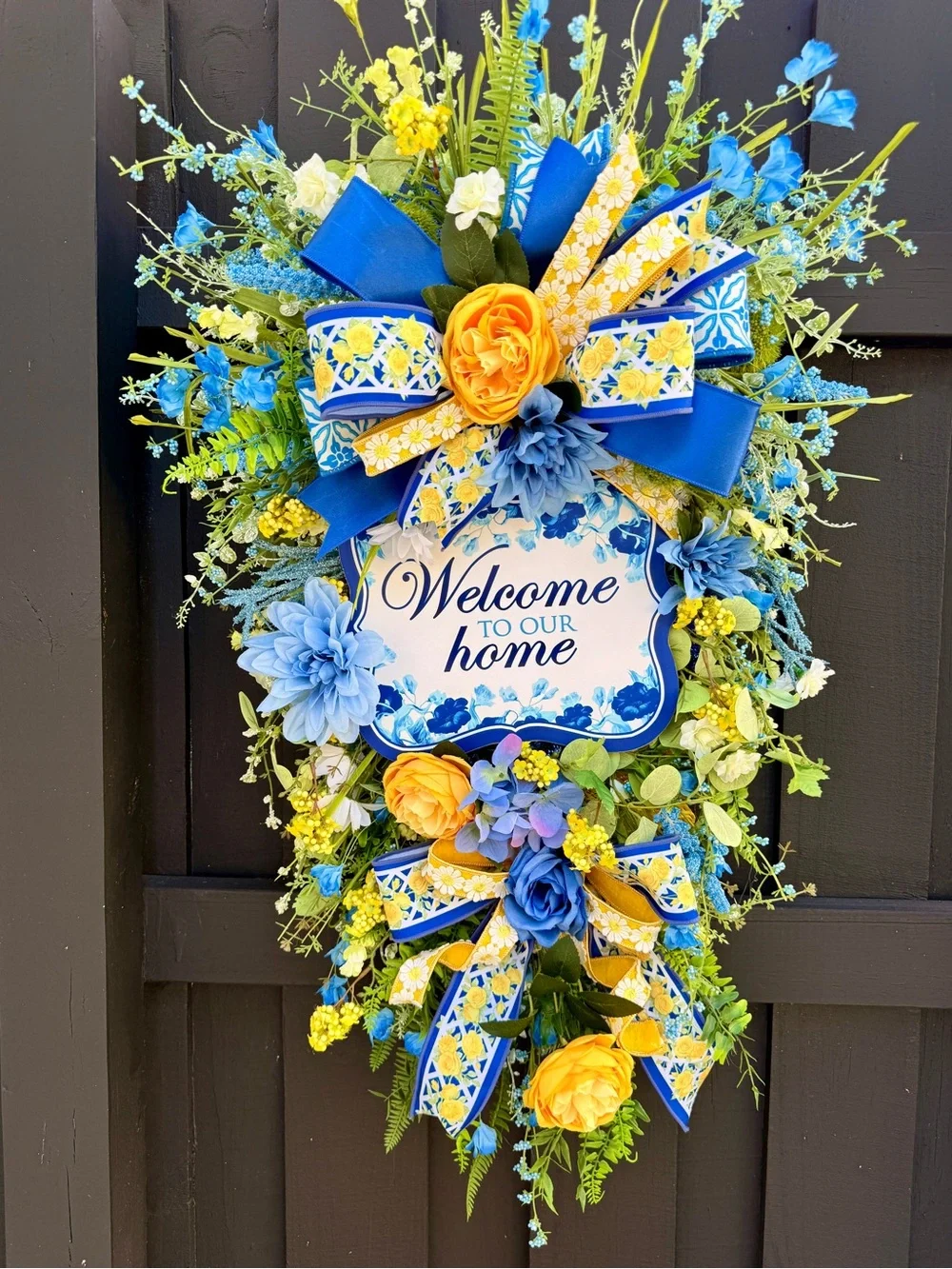 Hand Crafted Blue and Yellow Welcome Home Door Wreath